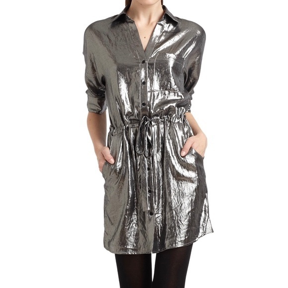 BCBGMaxAzria Silver Gunmetal Metallic Belt Tie Cinched Button Down Dress - Picture 13 of 14
